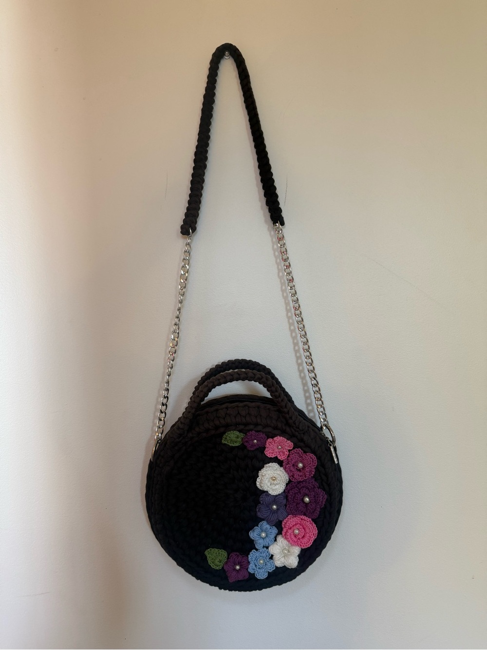 Handmade Black Crochet Round Crossbody Bag with Floral Accents HEAVY DUTY!!